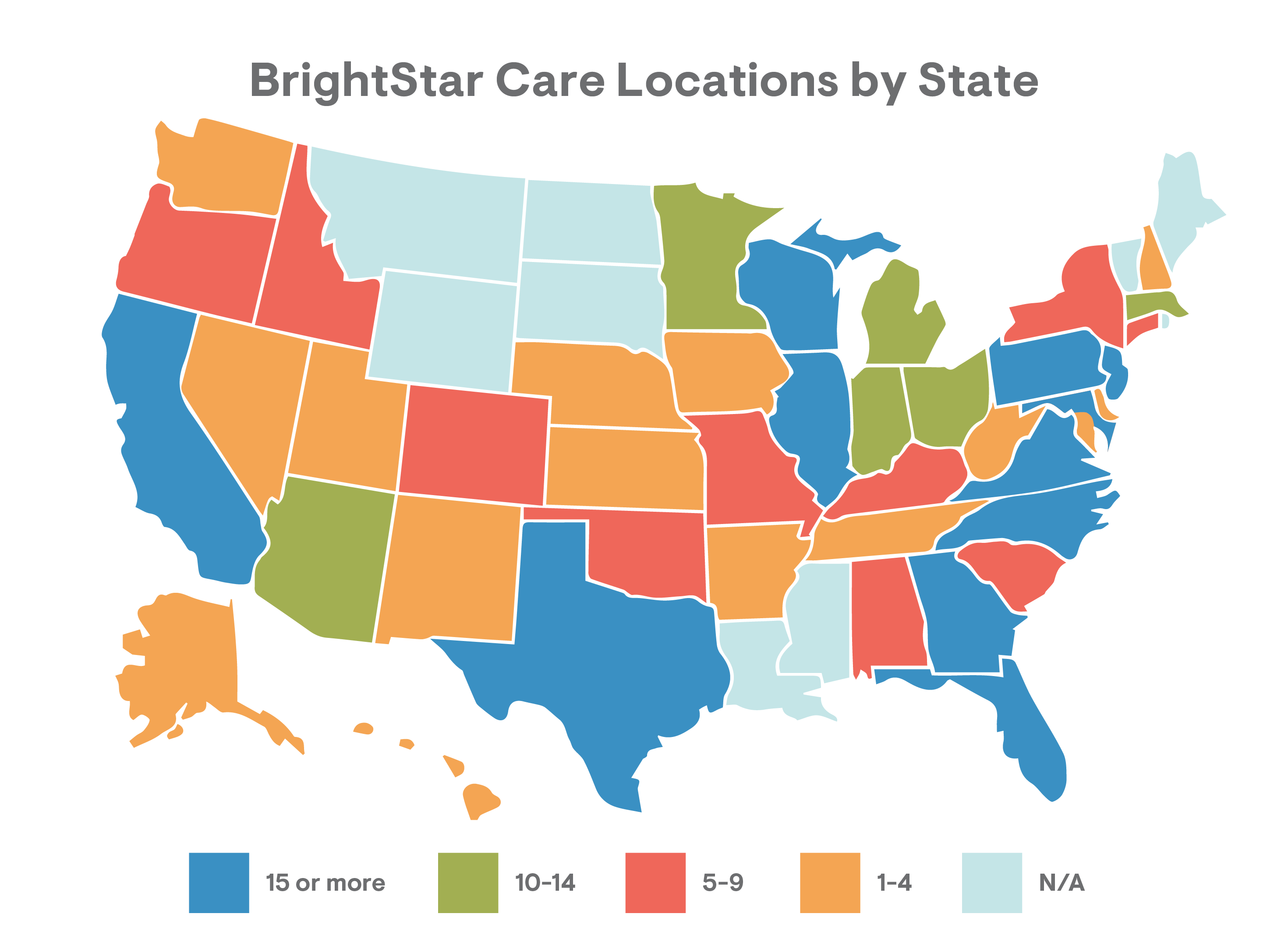 Color-coded map with BrightStar Care locations by state